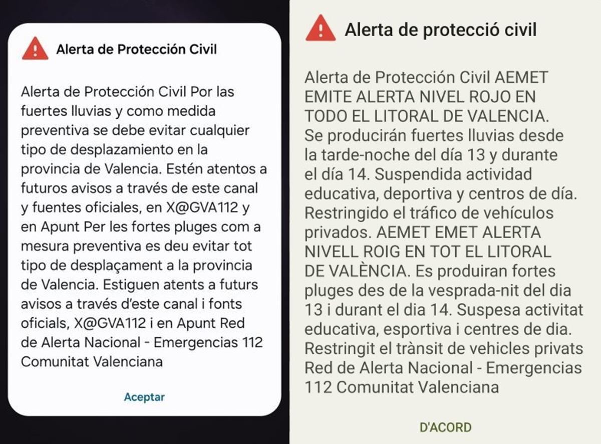 Primer y último mensaje enviados por EsAlert durante las dos danas en Valencia.