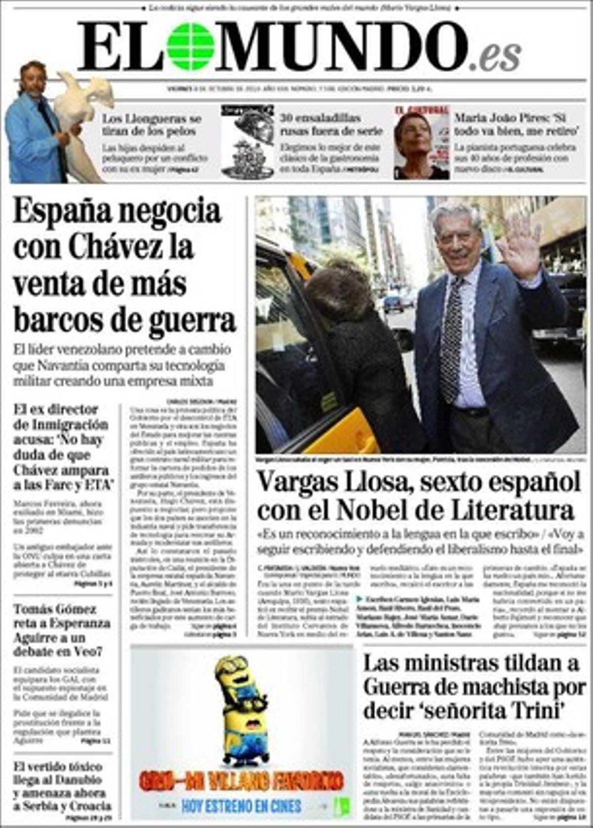 A més dels temes de portada, ’El Mundo’ destaca que el PSOE insta el PNB a manifestar-se junts contra ETA; que les dones del PSOE consideren masclista Alfonso Guerra; que el CGPJ llança una campanya publicitària de 236.000 euros per netejar la imatge de la judicatura; que el comissari general de la policia judicial, Juan Antonio González, es querellarà contra l’advocat del ’cas Malaia’ que el va acusar; que Carod insinua que no votarà ERC a les autonòmiques; que el PP proposa reduir la Generalitat en un terç i eliminar conselleries i que Rubalcaba té bona disposició per traslladar les competències del toreig del Ministeri d’Interior al de Cultura.