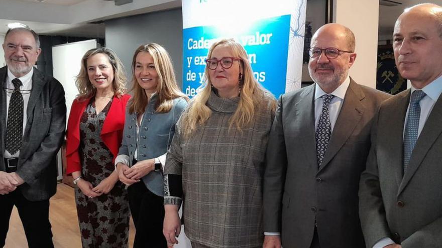 Por la izquierda, Vicente Gutiérrez, presidente de Confedem; Belarmina Díaz; Susana Solís; Yolanda Moratilla, profesora de la Universidad Pontificia de Comillas; Eloy Álvarez, de la Real Academia de Ingeniería, y Juan J. Fernández, decano del Colegio de Ingenieros de Minas del Noroeste.