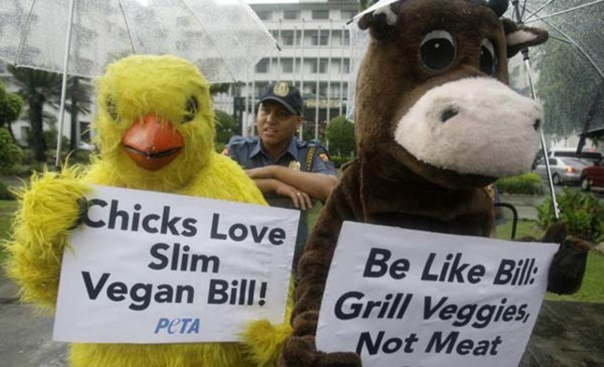 Membres de PETA, la popular organització que defensa els drets dels animals, esperen l’expresident dels EUA Bill Clinton a la sortida d’un acte a Manila (Filipines). Els activistes pretenen convèncer-lo que adopti la dieta vegetariana per mantenir-se sa i perdre pes.