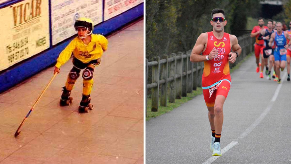 Fernando Huerta en la actualidad y, a la izquierda, patinando de niño.