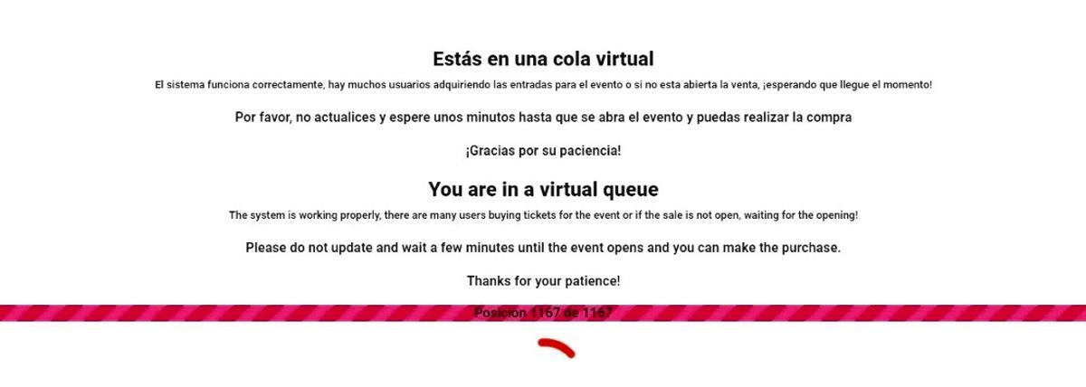 Cartela con el mensaje de la web de venta de entradas del Hércules-Lleida alertando de la cola virtual.