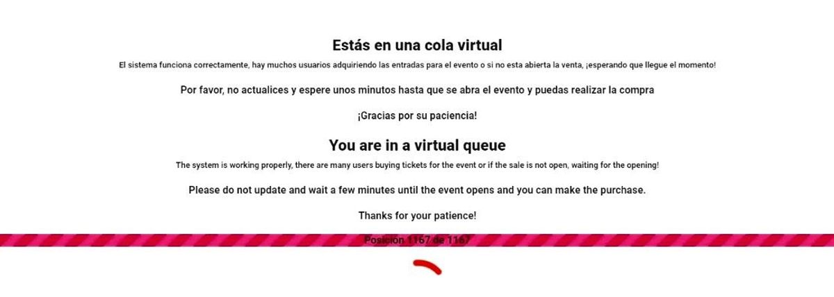 Cartela con el mensaje de la web de venta de entradas del Hércules-Lleida alertando de la cola virtual.