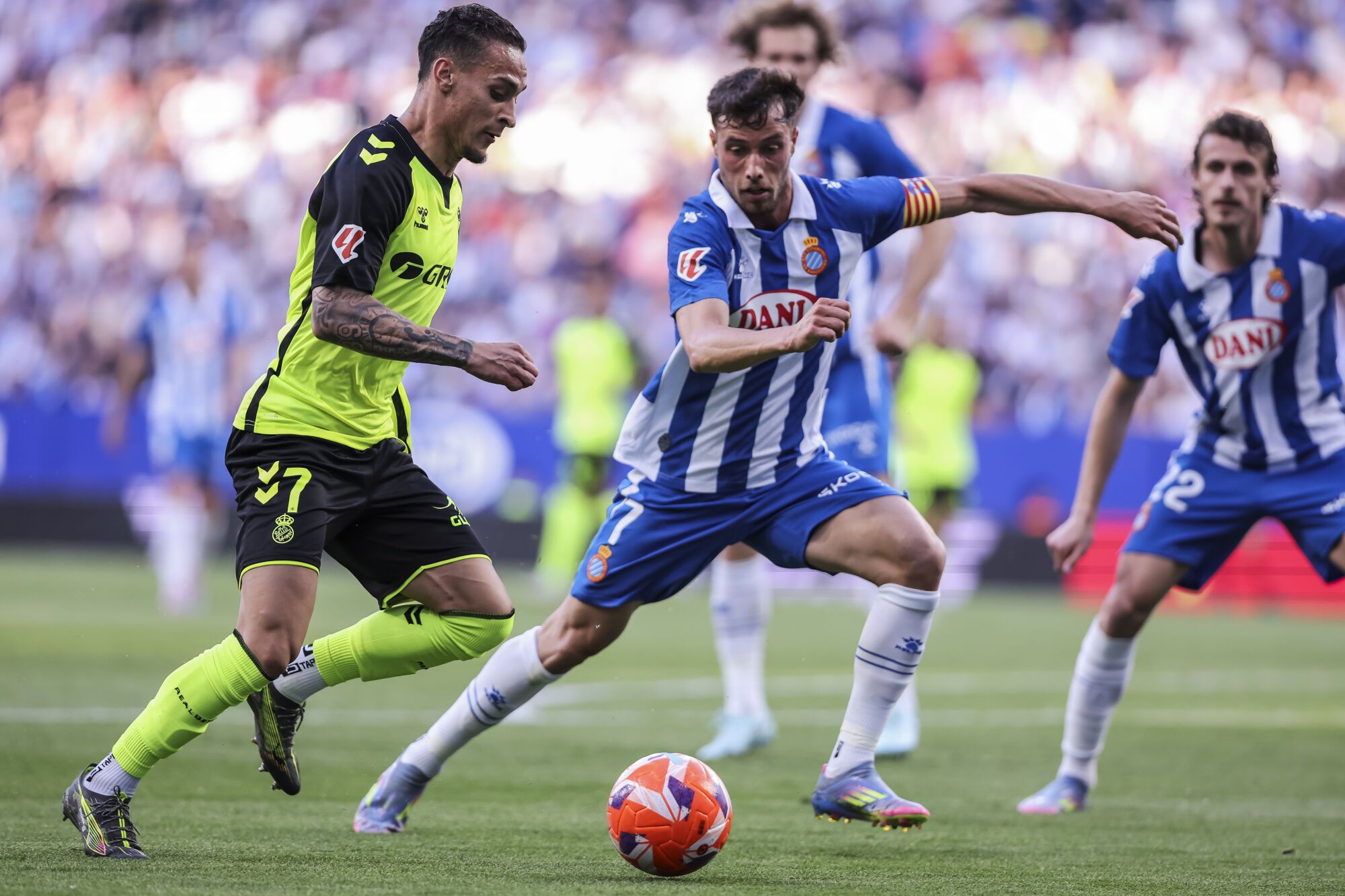 Antony dos Santos of Real Betis and Javi Puado of RCD Espanyol in action during the Spanish league, La Liga EA Sports, football match played between RCD Espanyol and Real Betis at RCDE Stadium on May 04, 2025 in Cornella, Barcelona, Spain. AFP7 04/05/2025 ONLY FOR USE IN SPAIN. Javier Borrego / AFP7 / Europa Press;2025;SPORT;ZSPORT;SOCCER;ZSOCCER;RCD Espanyol v Real Betis - La Liga EA Sports;