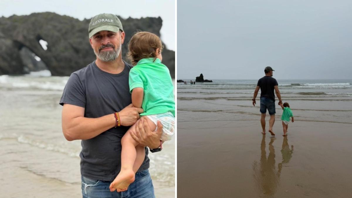 Dos momentos de Santiago Abascal con su hijo pequeño, Hernán, en la playa de San Antolín.