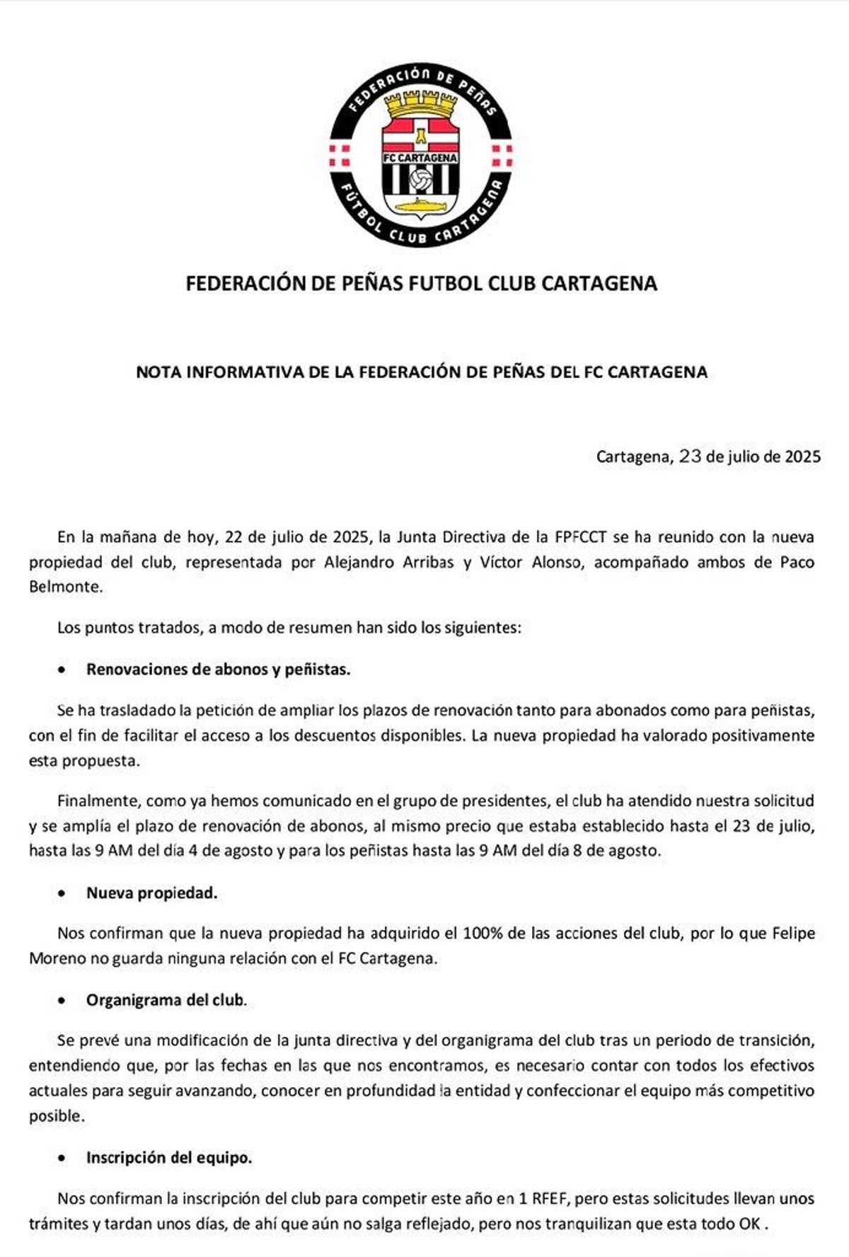 Nota informativa de la FPFCC 1/2