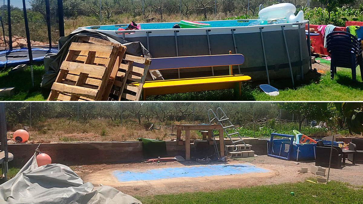 Montaje con la piscina en funcionamiento y abajo cómo ha quedado el terreno tras el robo.