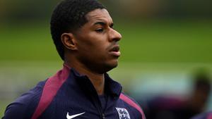Englands striker Marcus Rashford takes part in a training session at St Georges Park in Burton-upon-Trent, central England, on October 8, 2025, ahead of their international friendly football match against Wales. (Photo by Oli SCARFF / AFP) / NOT FOR MARKETING OR ADVERTISING USE / RESTRICTED TO EDITORIAL USE. NOT FOR MARKETING OR ADVERTISING USE / RESTRICTED TO EDITORIAL USE