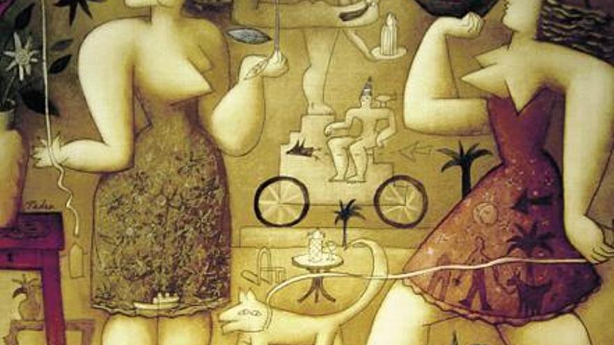 De izquierda a derecha, «Mujeres con fruta y pescado» (óleo sobre lienzo), «Madre, hija y perro» (escultura de hierro policromado) y «Alcachofa mirando un pájaro» (óleo sobre lienzo).