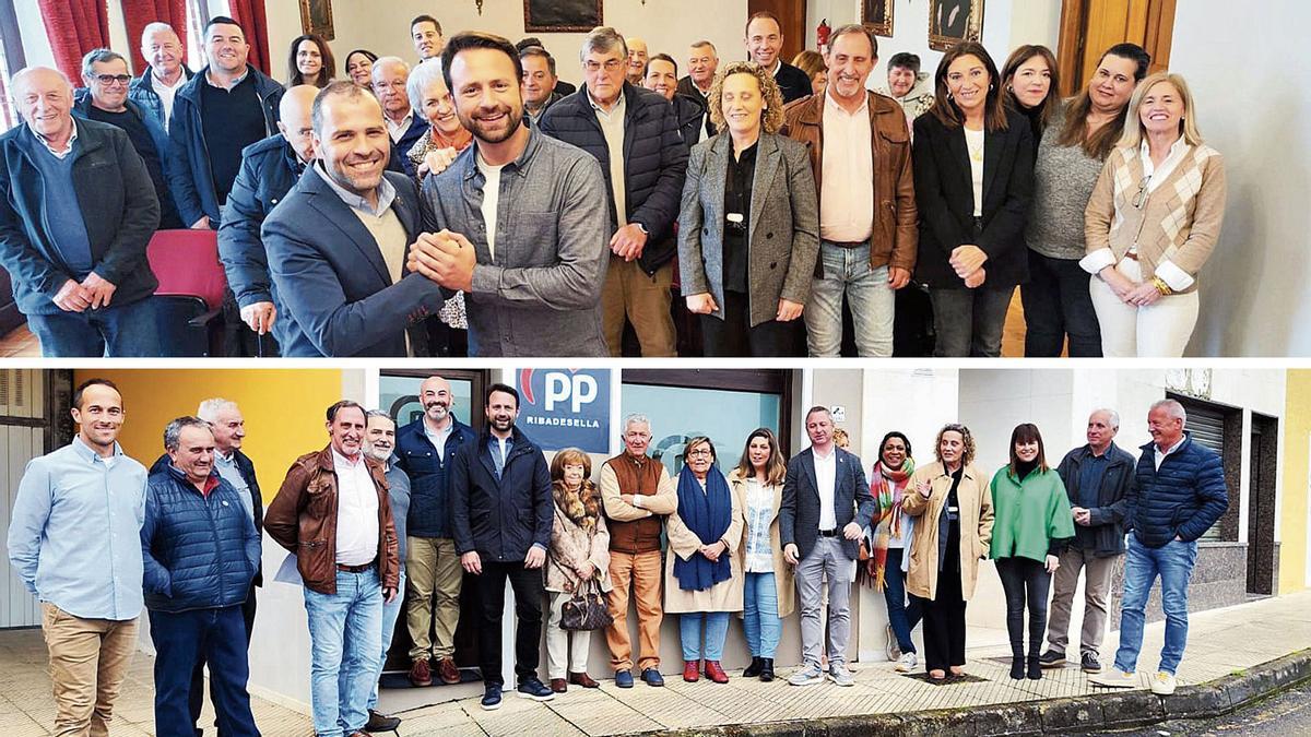 Arriba, en primer término, el presidente regional del PP, Álvaro Queipo, felicita por su reelección al alcalde cangués, José Manuel González, ante la junta local. Abajo, La junta local del PP de Ribadesella, con Paulo García y Queipo, sexto y séptimo, respectivamente, por la izquierda.