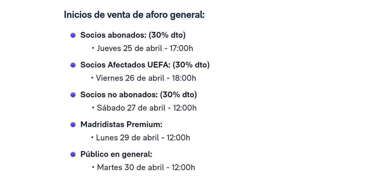 Orden de preferencia para comprar las entradas para el partido entre el Real Madrid y el Bayern