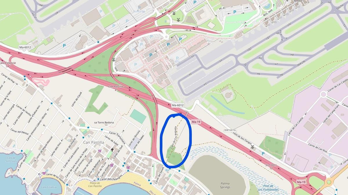 Hier (blau eingekreist) verläuft der künftige Radweg zwischen dem Flughafen und Can Pastilla.