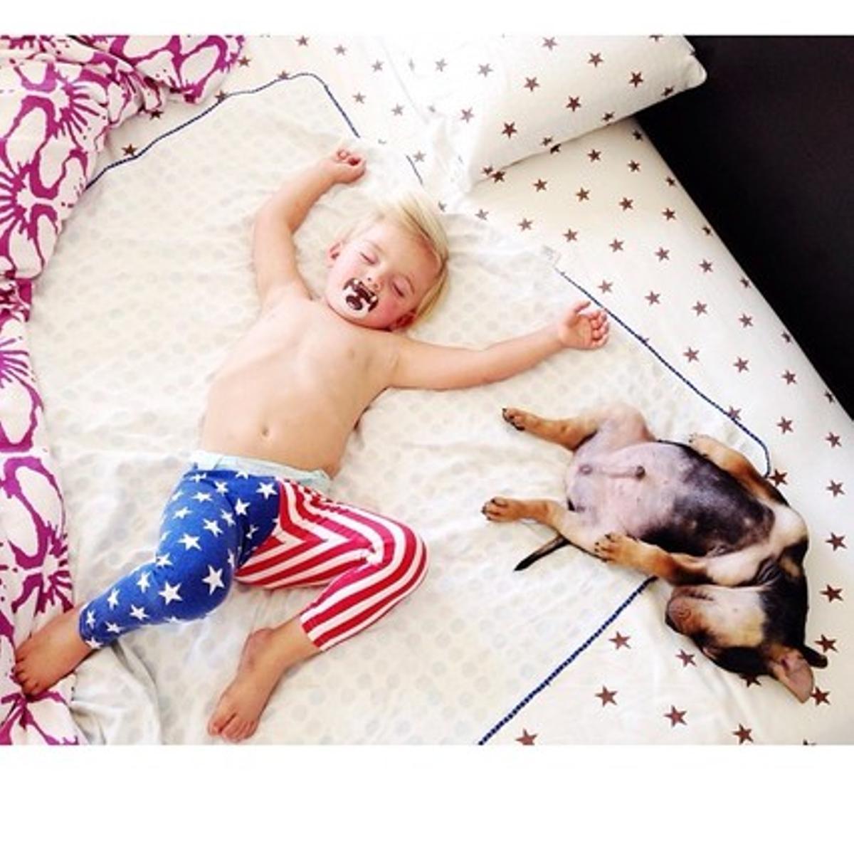 Beau, durmiendo junto a su perro, Theo