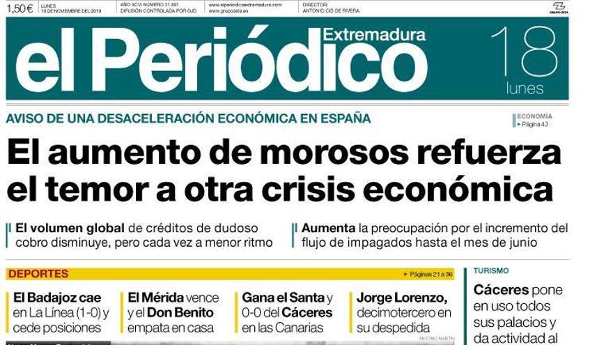 Esta es la portada de EL PERIÓDICO EXTREMADURA correspondiente al día 18 de noviembre del 2019