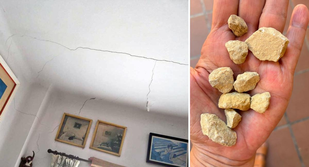 Grietas en un falso techo y piedras caídas en el patio de una vivienda.