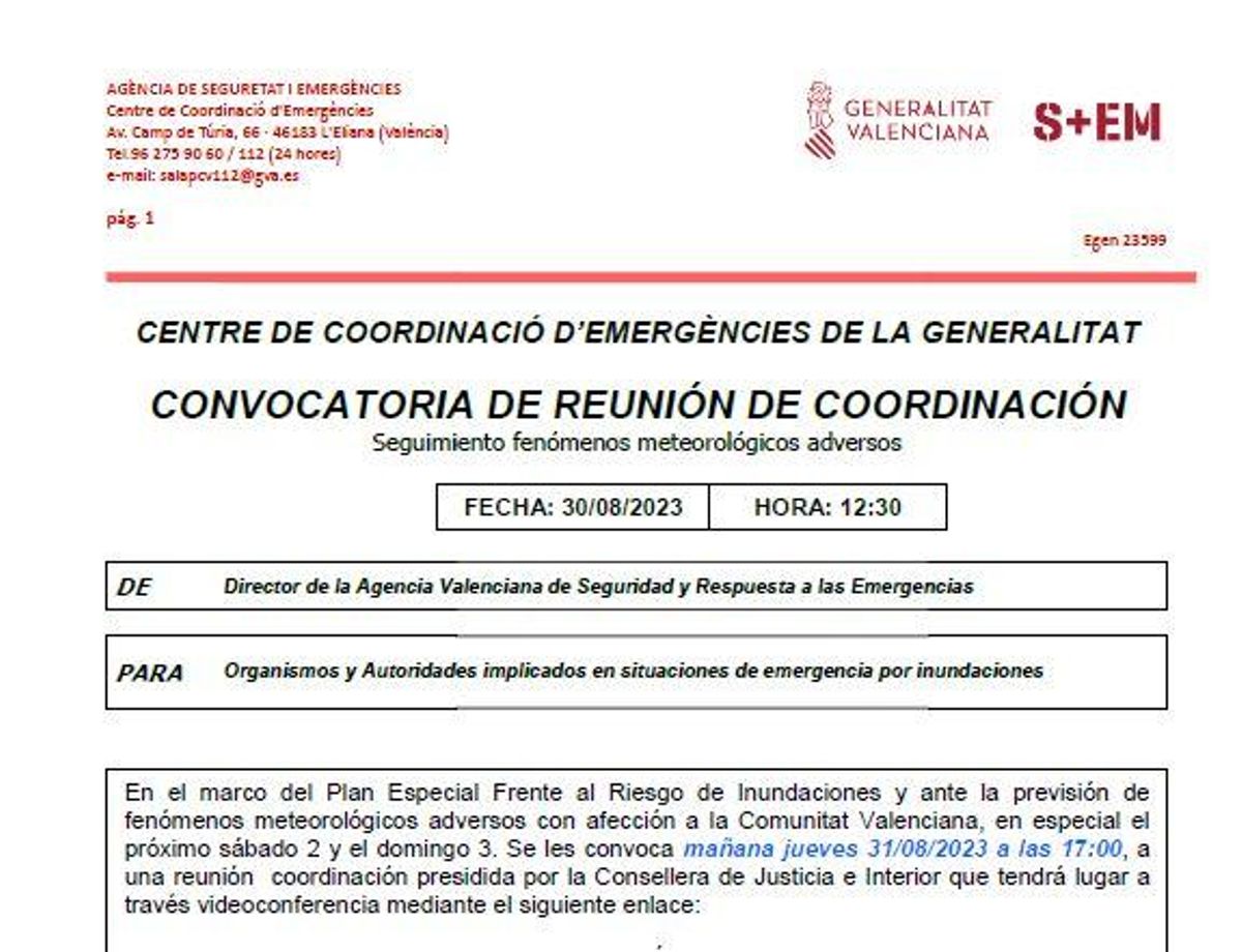 Convocatoria del Cecopi de 2023, extraída del informe aportado por Emergencias a la causa de la dana.