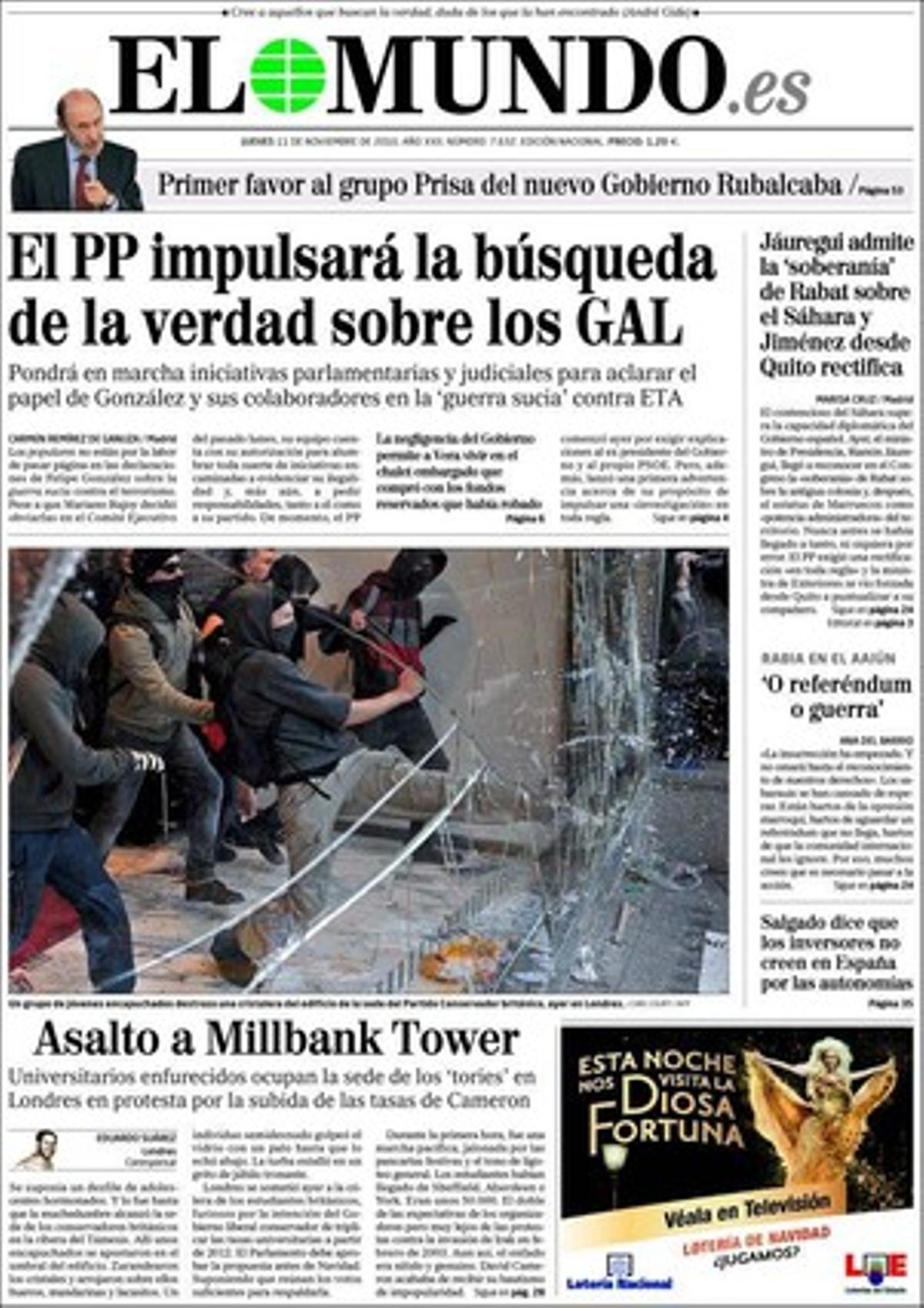 A les pàgines interiors ’El Mundo’ realça que Felipe González ha estat denunciat davant el fiscal general per apologia del terrorisme d’Estat per l’exdiputat d’IU Antonio Romero; que l’exsecretari d’Estat de Seguretat condemnat pel GAL, Rafael Vera, viu en una finca propietat de l’Estat des de fa sis anys; que el PP exigeix la destitució de l’Eguiguren al capdavant del PSE-PSOE, i que la injecció massiva de dòlars dispara el preu de les matèries primeres.