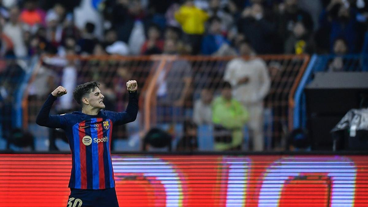 Gavi celebra su gol contra el Real Madrid en la final de la Supercopa de España.