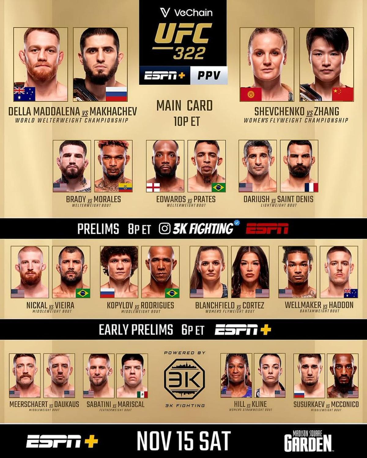 La cartelera completa del UFC 322