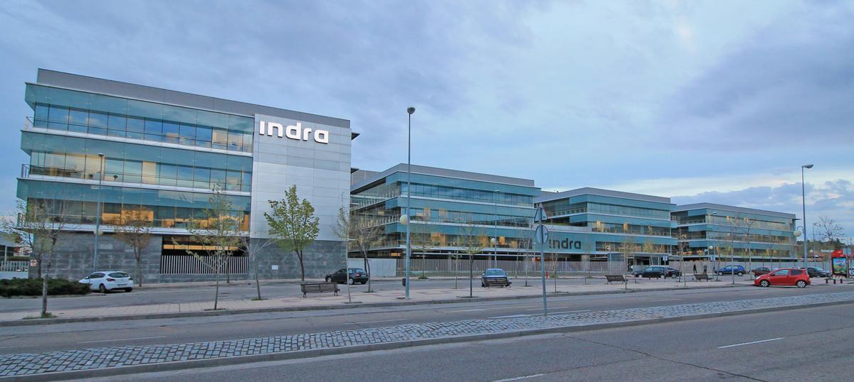 Vista general de la sede de Indra en Madrid. INDRA headquarters at 35 Avenida de Bruselas (street) in Alcobendas (Community of Madrid, Spain)