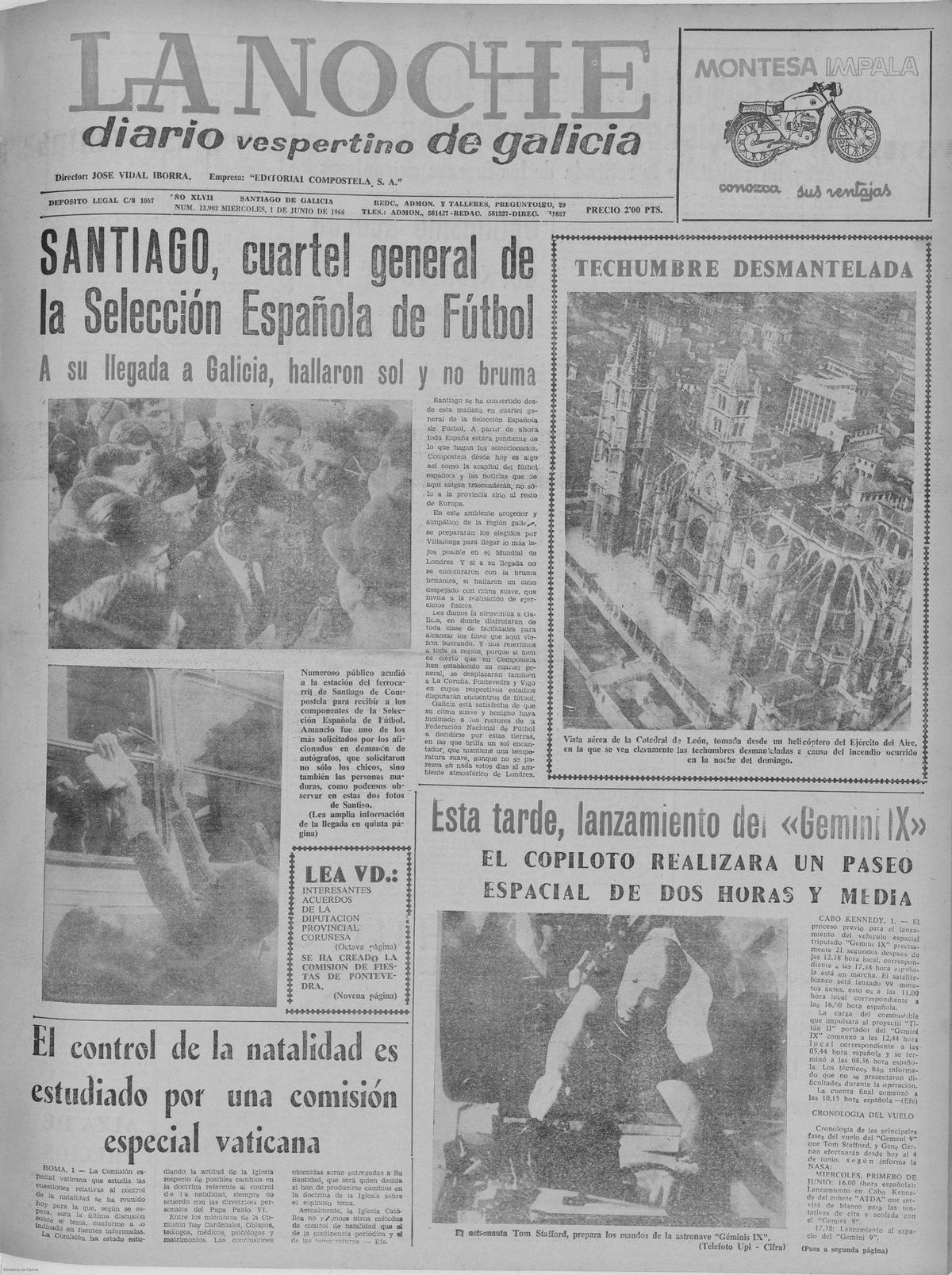 Portada del diario La Noche (predecesor del actual EL CORREO GALLEGO) el 1 de junio de 1966 anunciando la llegada de la selección española a Santiago