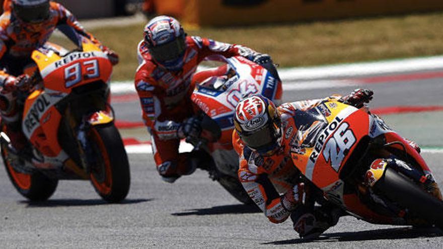 Márquez, Dovizioso y Pedrosa, en la anterior carrera de Cataluña.