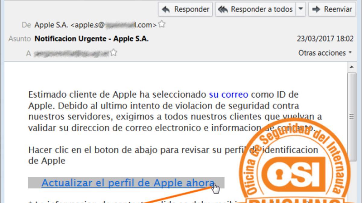 Aspecto del correo fraudulento ('phishing') que pueden recibir los usuarios de Apple.