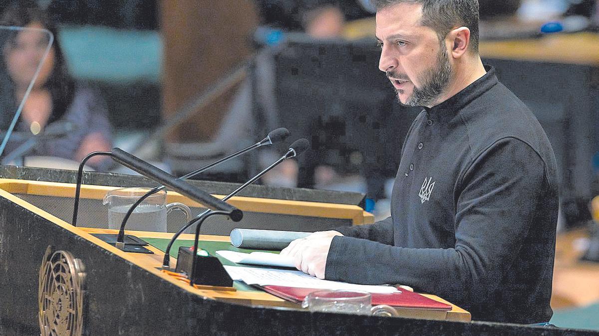 El presidente ucraniano, Volodímir Zelenski, durante su reciente intervención ante la Asamblea General de la ONU.