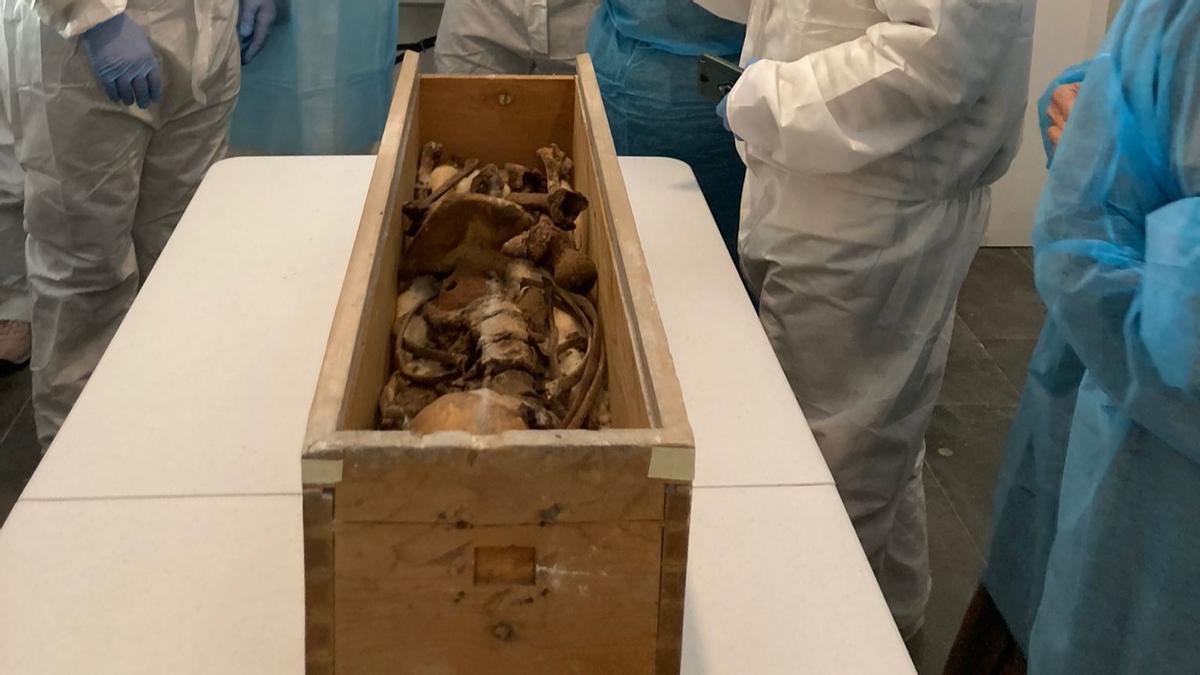 La caja funeraria con los huesos de la reina Elisenda de Montcada, preparados para analizar.