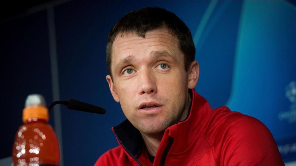 Goncharenko, en la sala de prensa del Bernabéu