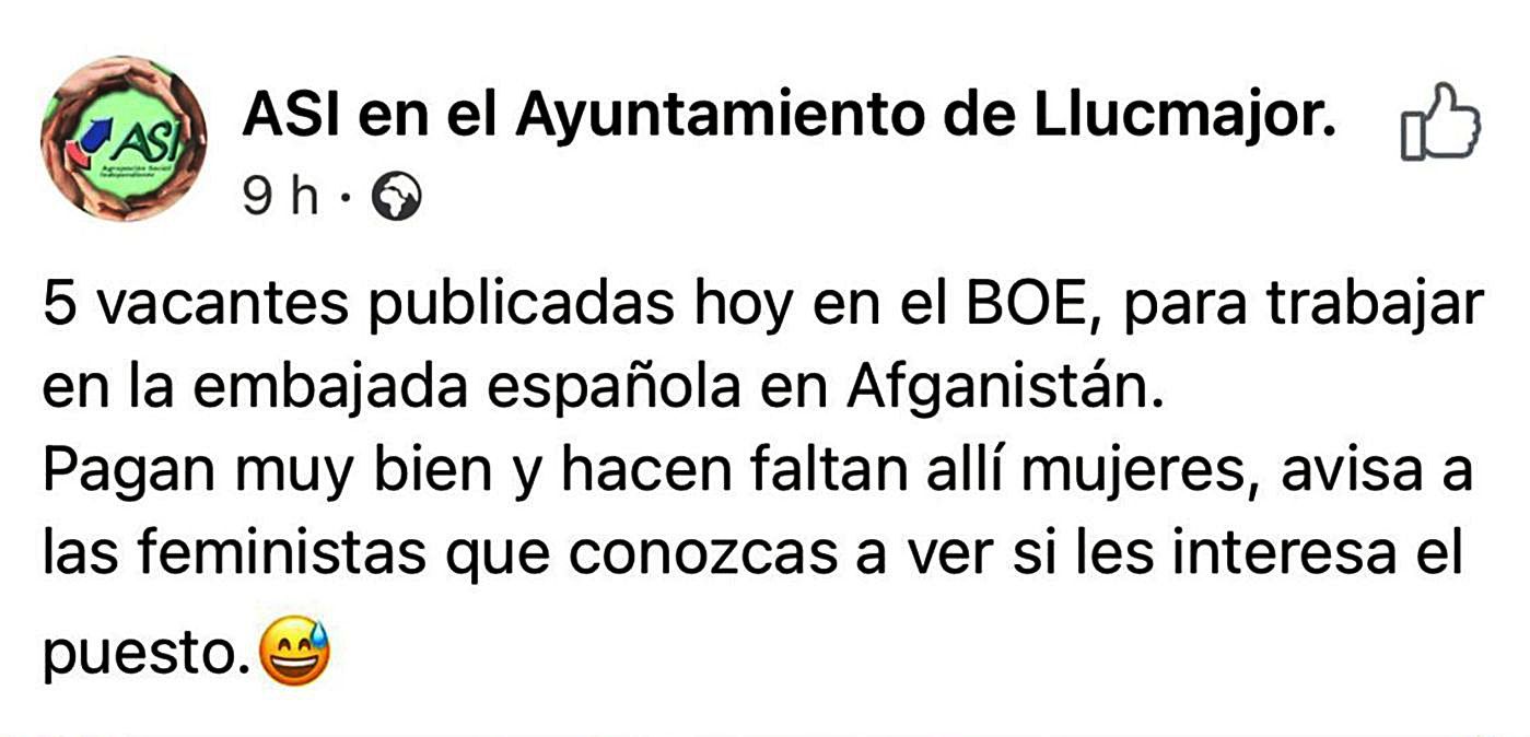 En el ‘post’ publicado por ASI, la agrupación se mofa de la situación de las mujeres en Afganistán y de las feministas. 