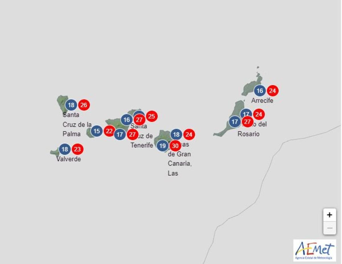 Temperaturas previstas para el domingo 12 de marzo de 2023 en Canarias.