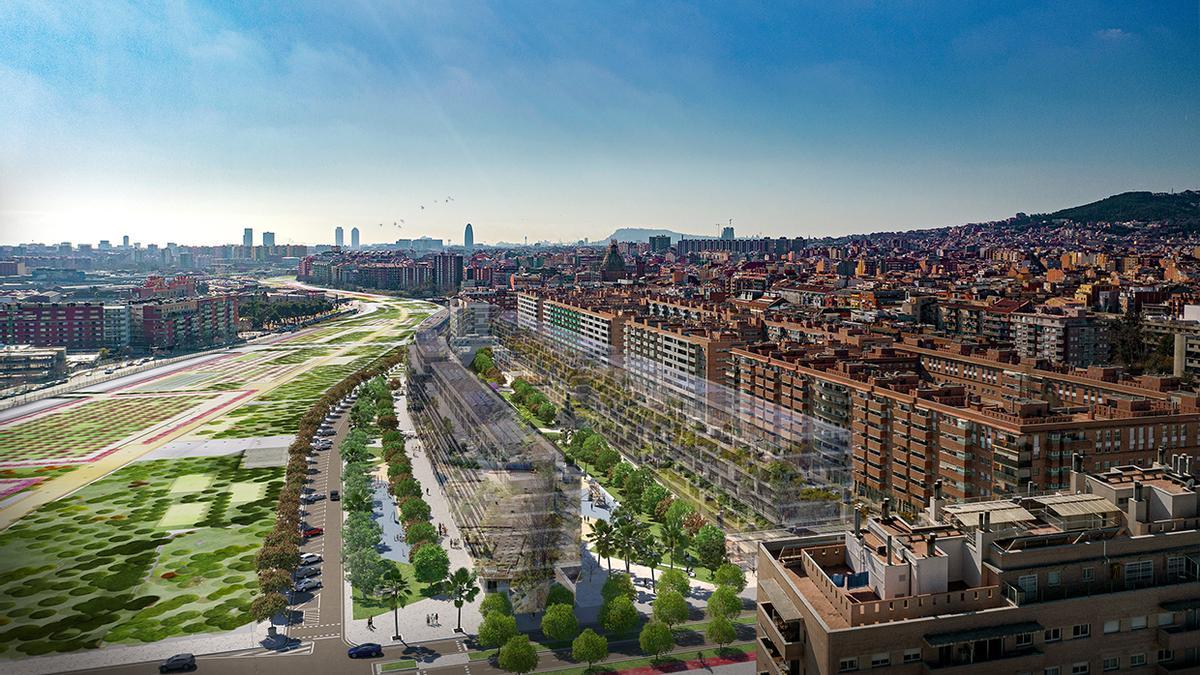 Recreación virtual del sector 'Colorantes-Renfe', unos terrenos a orillas de Sant Andreu incluidos en las obras de la Sagrera