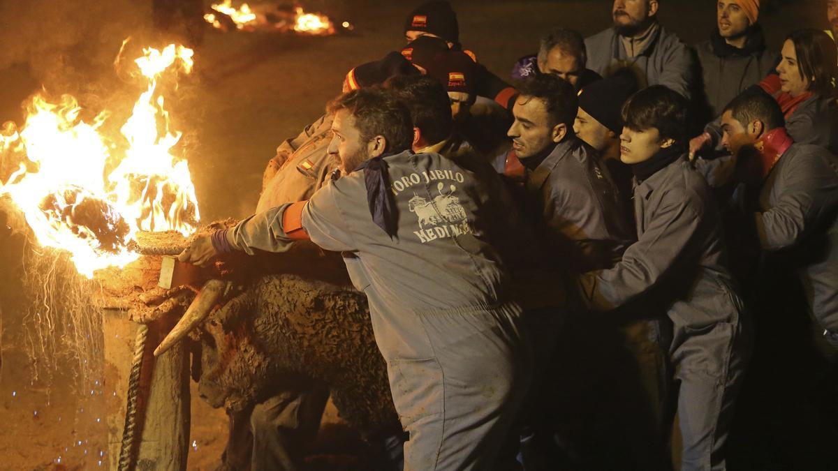 Un grupo de personas atan al toro júbilo al centro de la plaza, la noche del sábado al domingo.