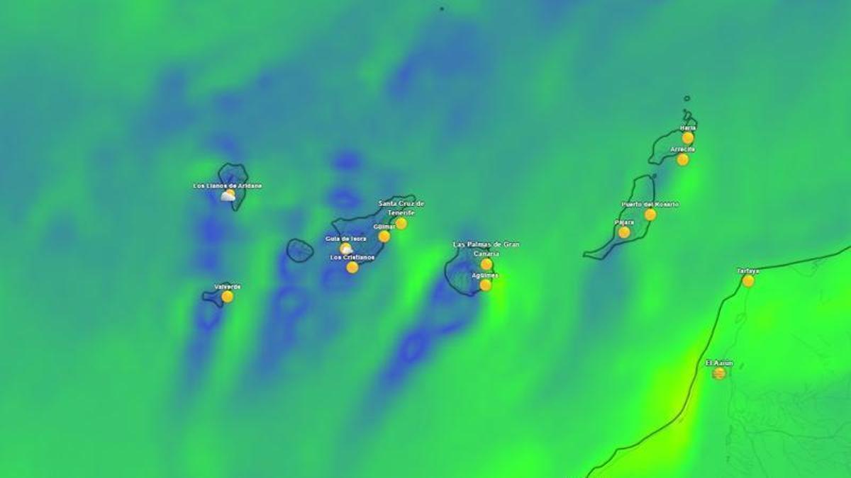 Mapa meteorológico de las rachas de viento en Canarias