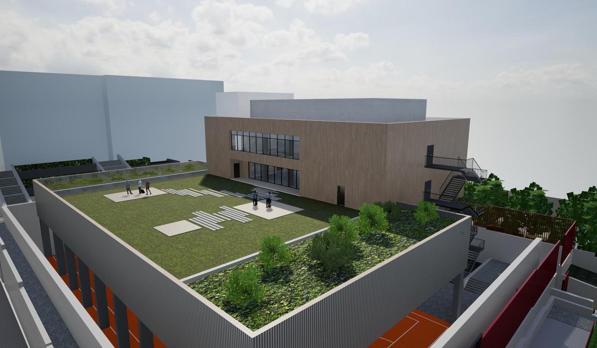 Recreación de la terraza ajardinada del nuevo centro de mayores de Aluche