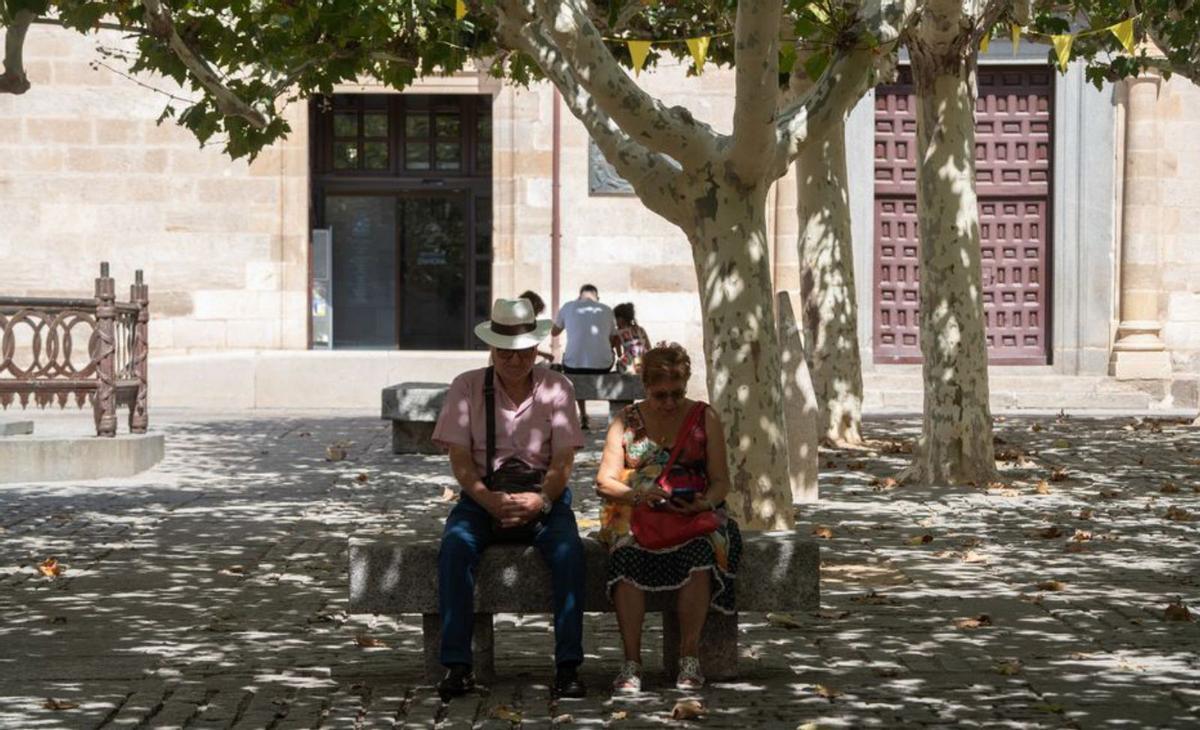 Una pareja sentada a la sombre en la Plaza de Viriato. | Jose Luis Fernández