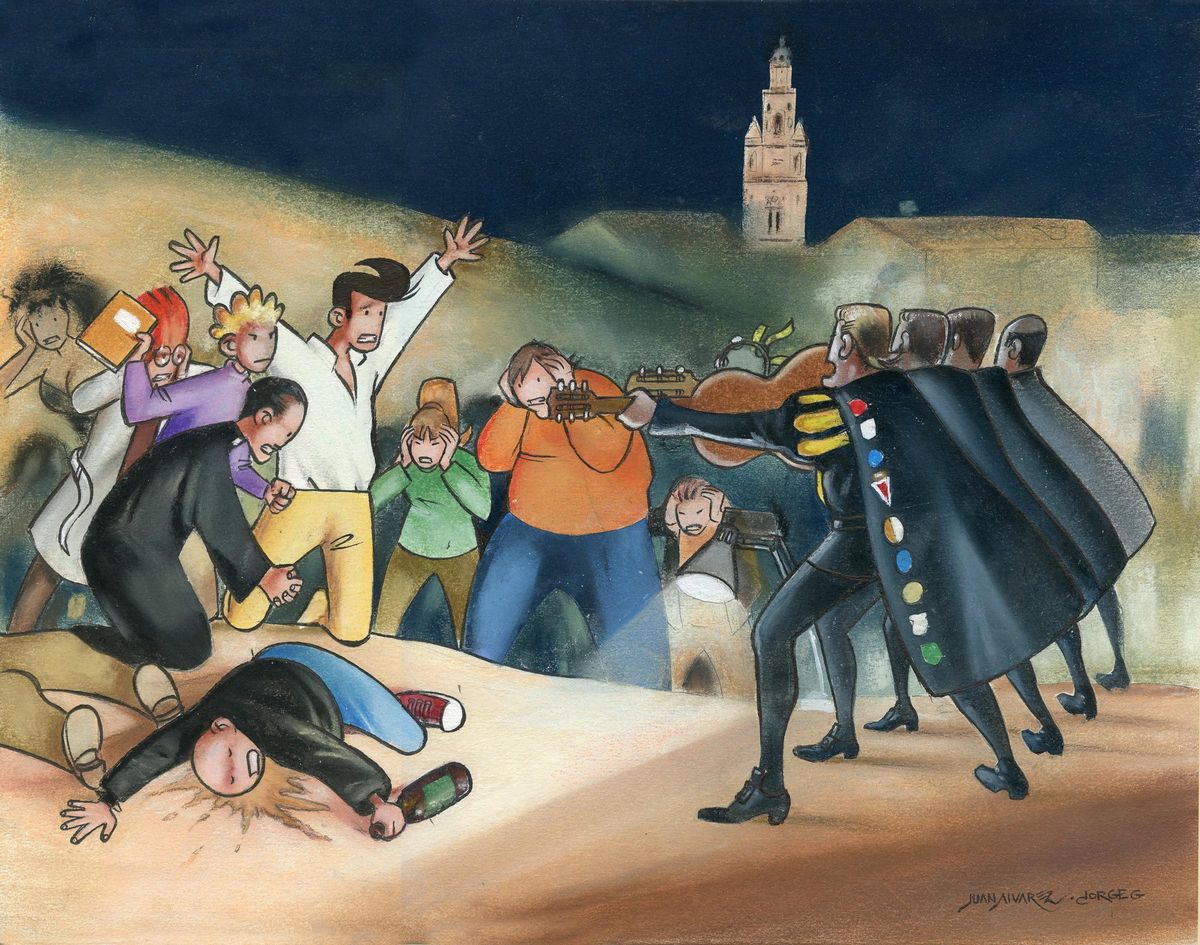 ‘Los hostigamientos de la Tuna’, versión de ‘Los fusilamientos del 3 de mayo’, de Goya, por Juan Álvarez y Jorge G.
