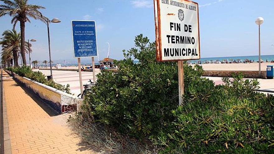 Ya desde la línea que separa Alicante y El Campello se aprecia la diferencia en el estado del paseo: matojos frente a jardineras de mosaico.