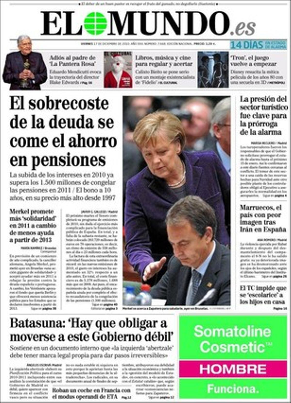 ’El Mundo’ destaca a més que l’Afganistan ja li costa a Espanya 1,2 milions al dia; que la imatge del Marroc s’ensorra entre els espanyols després de la repressió d’Aaiun, segons un sondeig de l’Instituto Elcano; i que 11 caixes i 23 bancs pateixen pèrdues en el tercer trimestre.