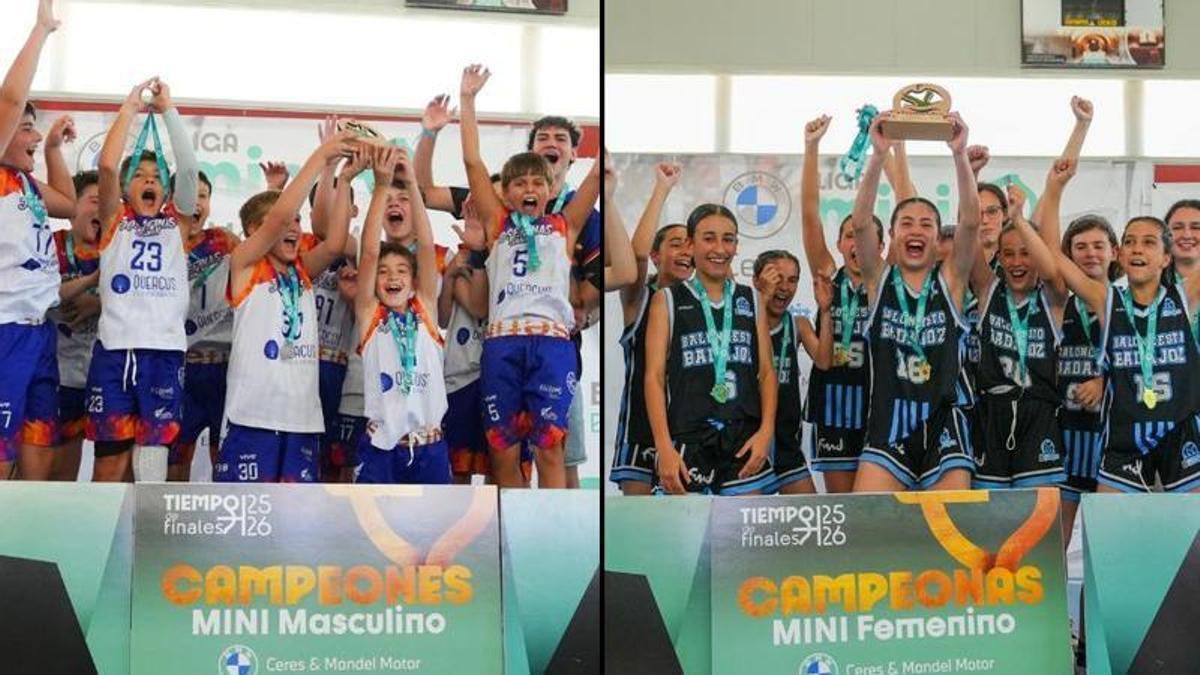 Los dos equipos campeones festejan sus títulos.
