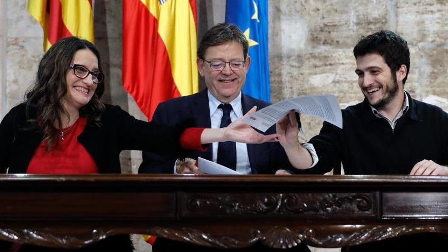 Mónica Oltra (Compromís), Ximo Puig (PSPV) y Antonio Estañ (Podemos), en una imagen reciente