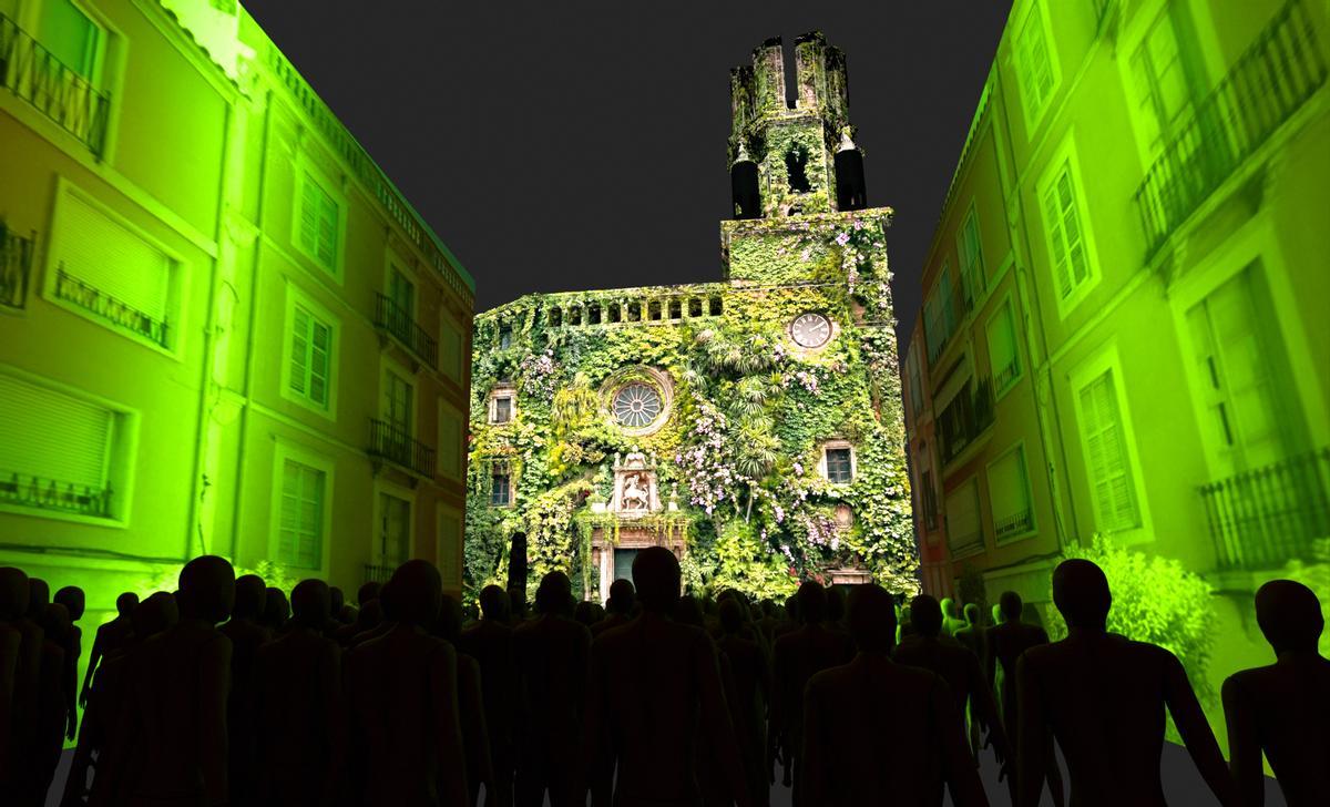 Recreació del mapping inaugural Elements, que obre el Flors i Violes amb llum, foc i so 3D a la plaça de l’Església de Palafrugell