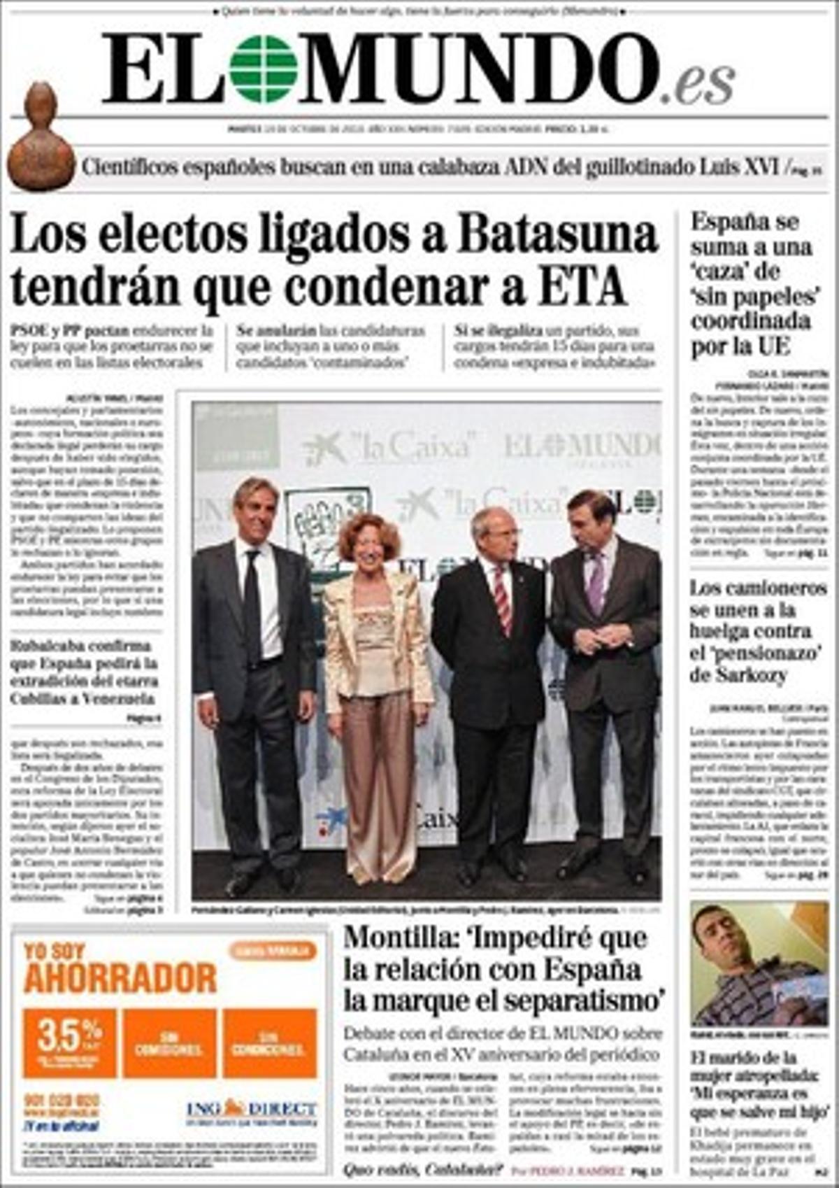 En pàgines interiors ’El Mundo’ destaca l’inici al Japó de la 10a cimera de l’ONU per la biodiversitat amb l’objectiu d’impedir la sisena gran extinció i frenar la pèrdua d’espècies més gran des dels dinosaures, i que un jutjat de Sevilla ha dictat a Espanya la primera sentència contra les clàusules abusives de bancs i caixes que limiten la baixada del sòl de les hipoteques.