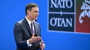 El presidente del Gobierno, Pedro Sánchez, interviene durante la cumbre de la OTAN del pasado año en Vilna (Lituania).