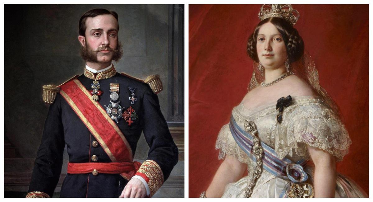 A la izquierda, el rey Alfonso XII; a la derecha, un cuadro de Isabel II de Franz Xaver Winterhalter en el Palacio Real de Madrid.