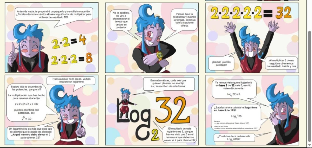 Viñeta en la que el profesor explica los logaritmos, disponible en su página web de recursos matemáticos.