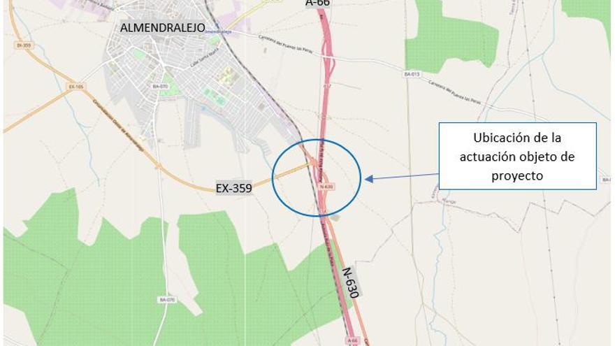 Plano de Almendralejo que identifica dónde irá el enlace completo sur de la autovía