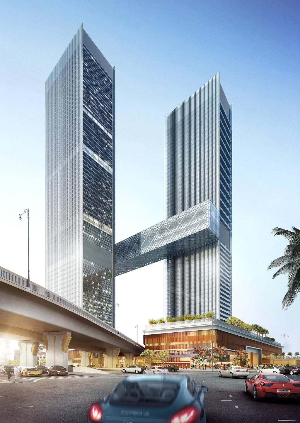 La construcción esta compuesta por dos estructuras conectadas por una pasarela llamada The Link