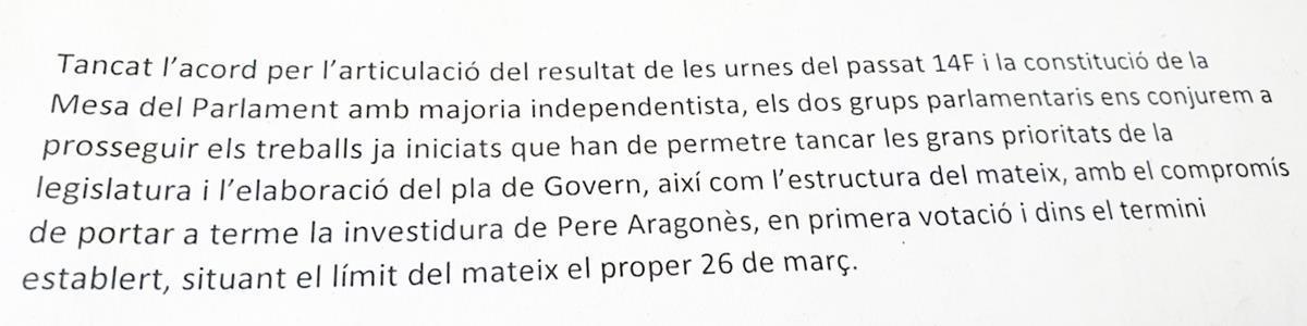 Captura del texto acordado por ERC y Junts para votar a Laura Borràs a cambio de investir a Pere Aragonès
